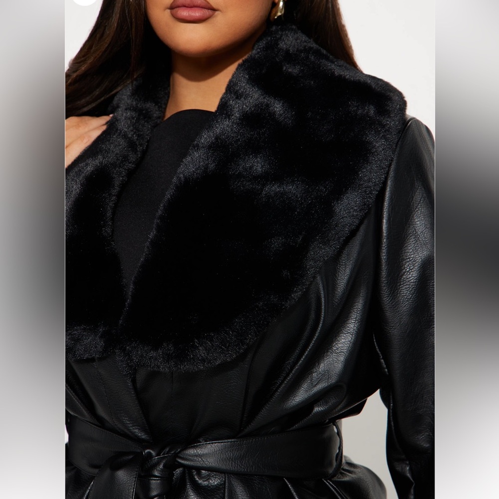 Women's Black Faux Leather Coat with Fur Trim - Picture 4 of 12